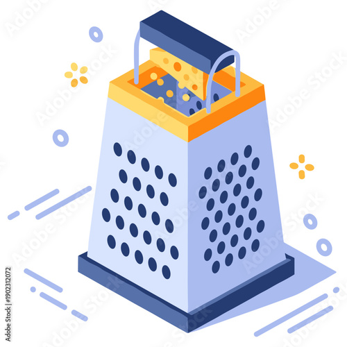 3d style cheese grater with handle in blue and orange design on white background