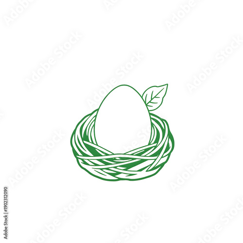 A single, expressive Easter vector icon: an egg in a nest with a tiny leaf.