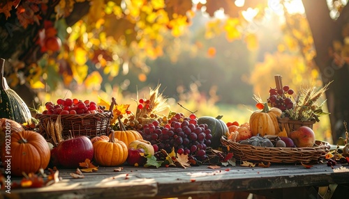 Autumns Bounty - A Harvest Feast of Pumpkins, Apples, and Grapes.