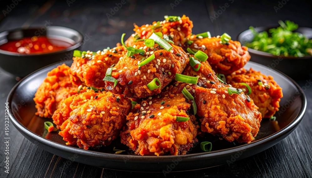Fototapeta premium Delicious Crispy Fried Chicken Wings with Sesame and Green Onions on Black Plate Against Dark Wood Background