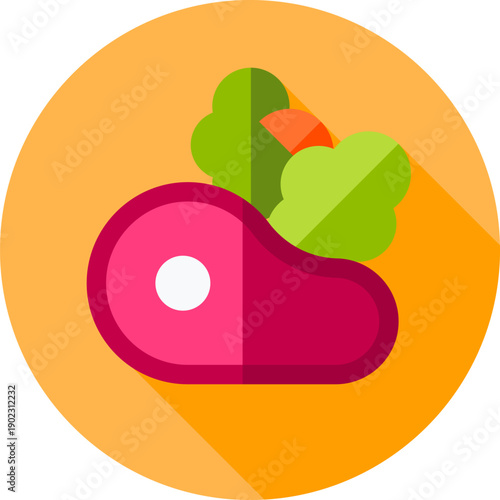Juicy steak cut with leafy greens and carrot on warm orange circular background, balanced meat and vegetable dinner icon in modern flat illustration

