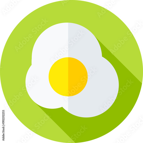 Sunny side egg with bright yellow yolk on fresh green circular background, simple breakfast protein icon in playful flat minimal food illustration

