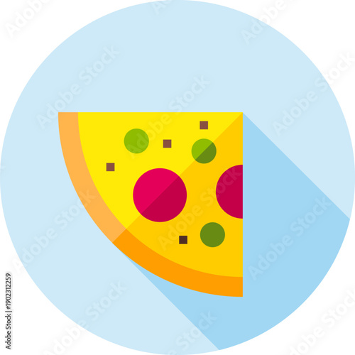 Cheesy yellow pizza slice with pepperoni rounds and colorful veggies on light blue circle background, fun flat fast food icon for tasty party snack

