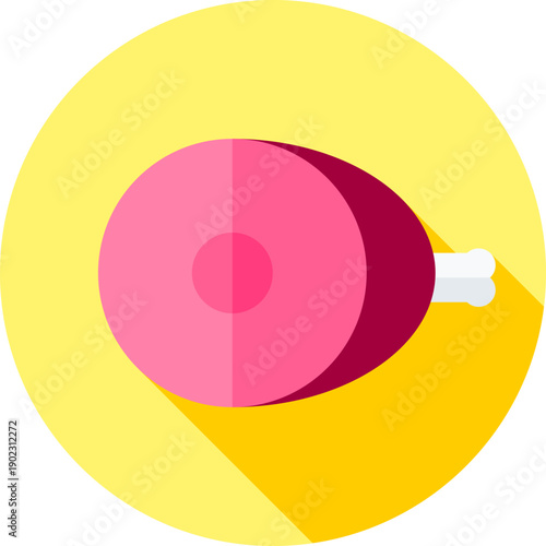 Juicy pink ham leg with white bone on bright yellow circle background, hearty meat illustration in bold modern flat style icon for savory dishes

