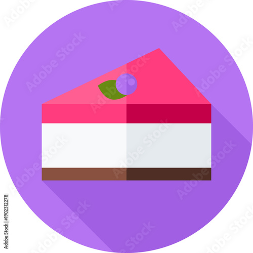 Vibrant slice of layered dessert with pink topping, berry garnish and creamy white center on purple circle background, cute flat sweet treat icon

