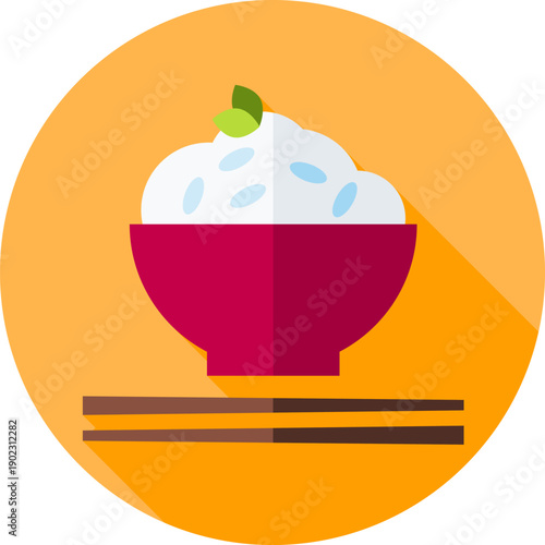 Steaming white rice in a bright red bowl with wooden chopsticks on warm orange circle background, simple Asian cuisine minimalist flat food icon

