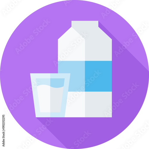 Carton of fresh dairy drink with glass in front on soft purple circular background, refreshing beverage container flat icon with clean modern design

