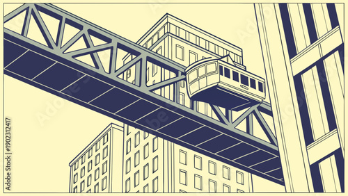 Modern cityscape with elevated walkway and skyscrapers