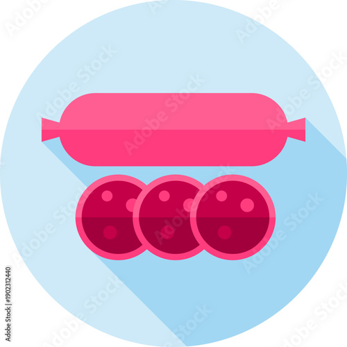 Pink Sausage and Salami Slices Icon – Tasty Cured Meat Illustration for Deli Counters, Sandwich Menus, Charcuterie Boards and Butcher Shop Designs

