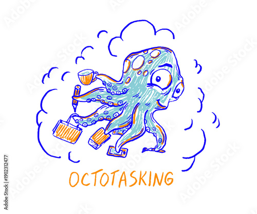 Cute hand drawn octopus juggling tasks