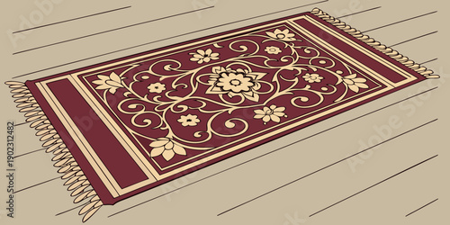 A decorative rug with floral patterns and tassels on a wooden floor, illustration, interior view