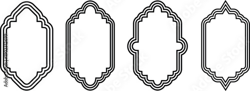 Old mosque windows shape in oriental style. Islamic door set, flat arabic frames or arabian arches silhouette.