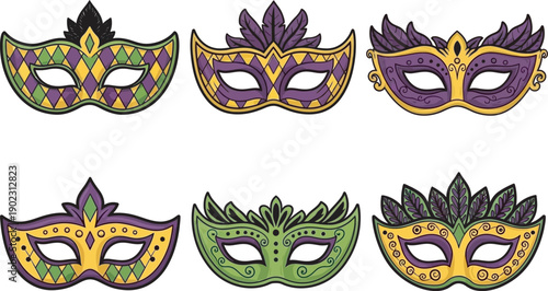 Collection of six ornate Mardi Gras masks with festive purple, green, and gold embellishments