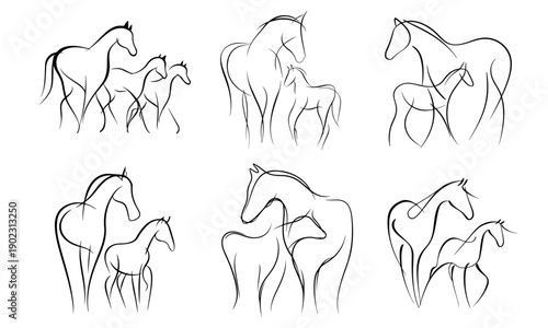 Minimal monochrome one-line horse and foal illustrations in clean vector outline style, continuous single line drawings of mare with foal in different compositions, uniform stroke, black on white back