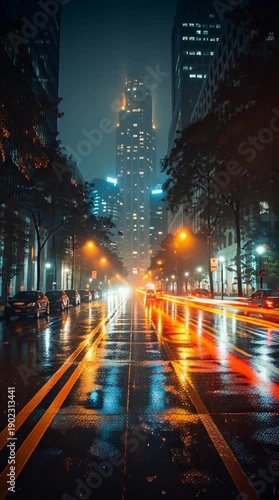 Urban Nightscape with Rainy Roads, City Lights, and Foggy Atmosphere