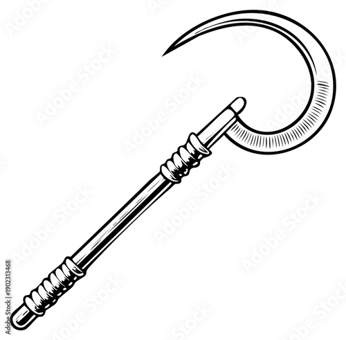 Illustrated sickle weapon, vintage engraving style, isolated on white
