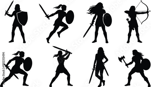 WebBlack Female Warrior Silhouettes Set Featuring Amazon Fighters With Swords Shields Bows And Battle Axes For Fantasy Gaming Mythology Historical RPG And Viking Graphic Design