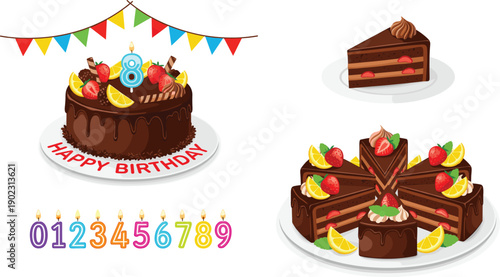 Birthday chocolate cake collection with slices candles numbers and decorations colorful celebration flat vector illustration