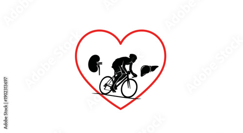Cyclist riding a bicycle inside a red heart shape.