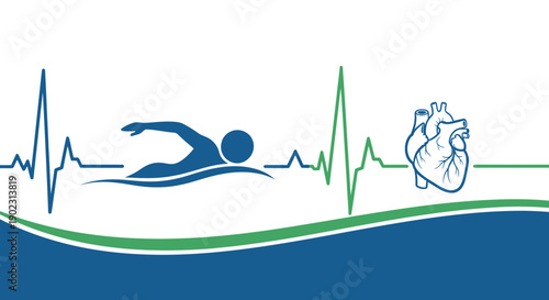 Swimmer silhouette with heartbeat and heart icon.