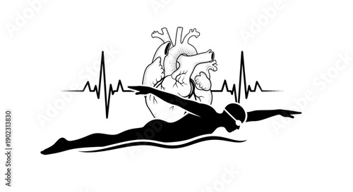 Black silhouette of a swimmer in a swimming cap with a heart rate line.