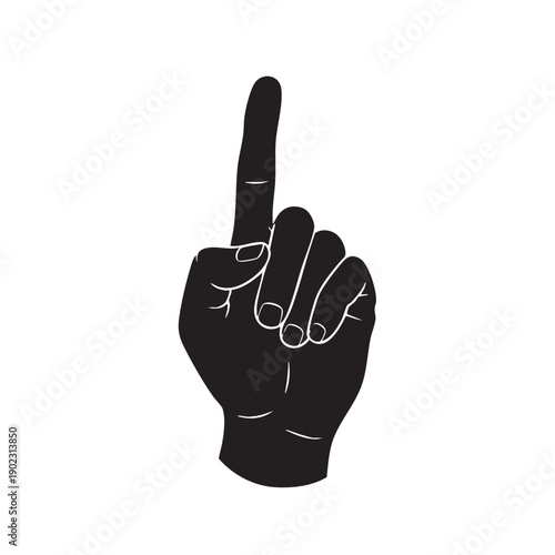 Black silhouette of a human hand with the index finger raised, signifying a number one, warning, direction, or attention, isolated on a white background, graphic element