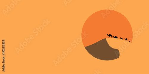 Landscape illustration of camels silhouette in the sand desert.  happy epiphany poster. Camel caravan in the desert dunes.