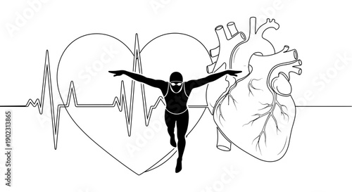 Continuous line drawing of a person running with outstretched arms and a heart with an electrocardiogram.