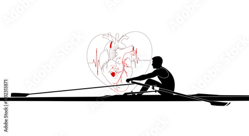 Silhouette of a man rowing a boat with a heart and anatomical heart overlay.