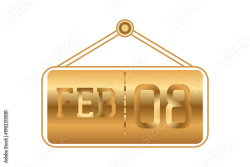 8 February calendar single day, week vector, illustration icon. golden, and white color background calendar page vector for of the month February 8