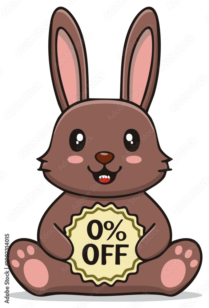 Obraz premium Cartoon bunny holding 0% off sign, promotion illustration for seasonal discount event, cute spring rabbit with offer