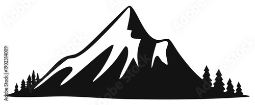 Stylized Black Silhouette of a Snow Capped Mountain Range with Pine Trees