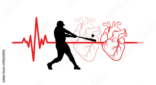 Baseball player hitting a heart with a bat, symbolizing the impact of sports on cardiovascular health.