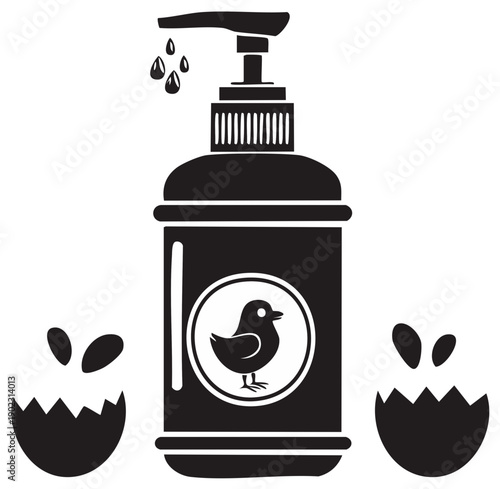 Vector image featuring a pump bottle with bird icon and cracked eggs, symbolizing new life and care