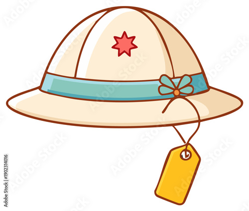 Cartoon pith helmet adorned with ribbon flower and star with a hanging yellow tag, travel and adventures theme