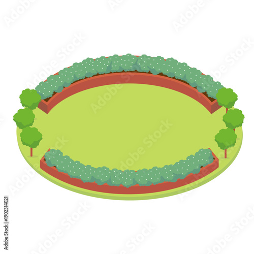 アイソメトリックな円形広場と庭園のイラスト（芝生・公園・緑地）