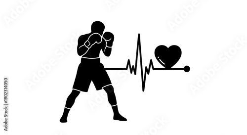 Boxer silhouette with boxing gloves and heartbeat line.