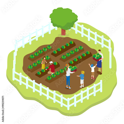 家庭菜園で収穫体験をする家族のアイソメトリックイラスト（農園・食育）