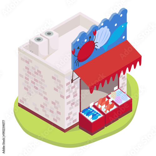 アイソメトリックな海鮮市場のイラスト（魚屋・物産店・観光）