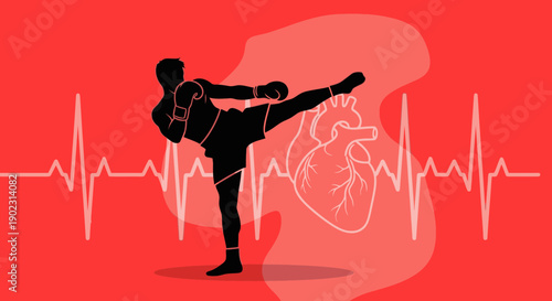 Martial Arts and Heart Health Illustration with ECG Line.