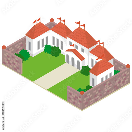 アイソメトリックな洋館のイラスト（学校・邸宅・公共施設）