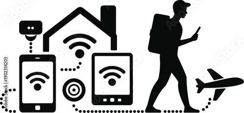 Vector illustration of a traveler and his smart home in black silhouette