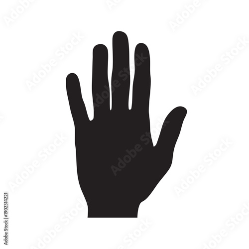 Open hand vector icon in silhouette, black and white illustration of human palm with five fingers extended, stop or greeting gesture, isolated on white background