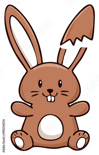 Cute cartoon chocolate Easter bunny with a broken ear smiling happily, a sweet holiday character illustration