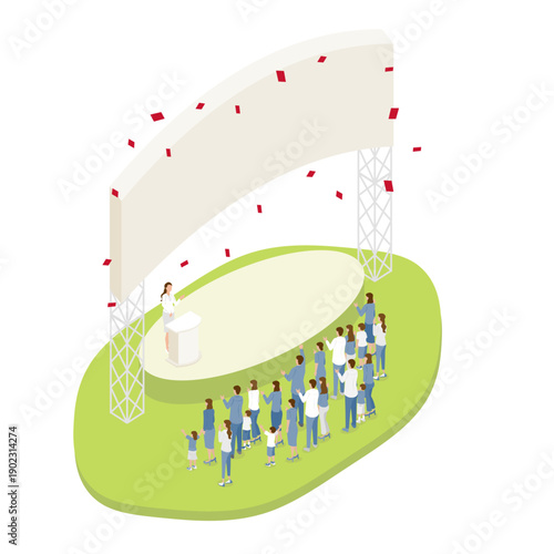 野外ステージでのスピーチと観衆が集まるイベントのアイソメトリックイラスト