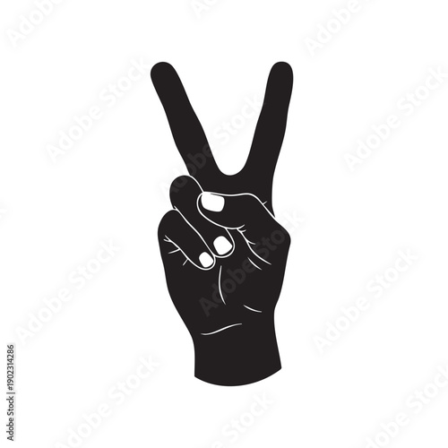 Peace sign hand vector icon in silhouette, black and white illustration of human hand showing victory or peace gesture with two fingers, isolated on white background