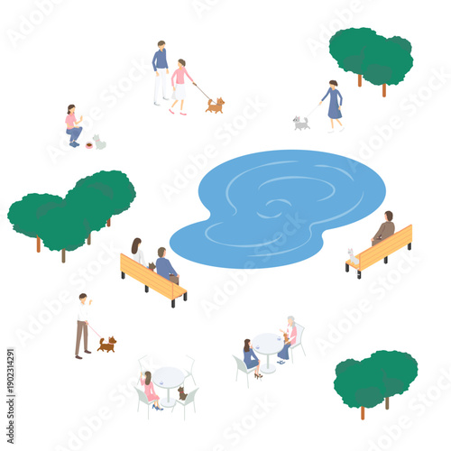 アイソメトリックな池のある公園のイラスト（水辺・休憩・人々）