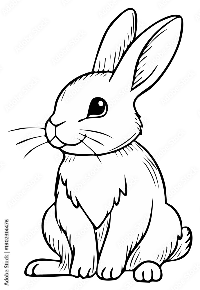 Fototapeta premium Cute Cartoon Rabbit Sitting Upright, Line Art for Coloring Pages, Easter Design, Animal Illustration