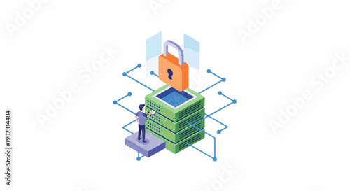 Digital security concept: secure data storage, network protection, cybersecurity, and privacy with a padlock on a server.