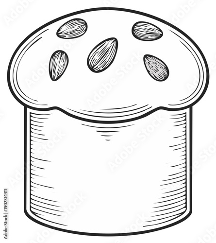 Ink drawing of a traditional Easter cake decorated with almonds, sweet pastry for holiday celebrations